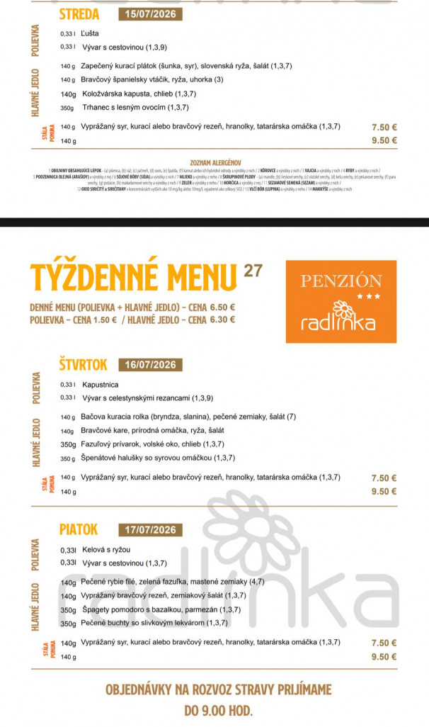 Menu Reštaurácia Radlinka