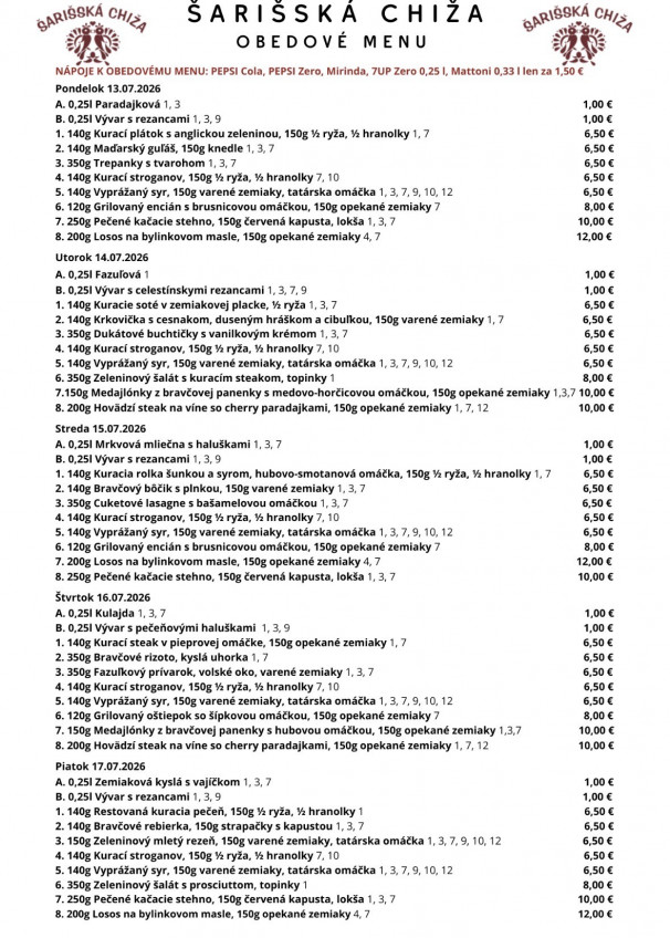 Menu Šarišská Chiža